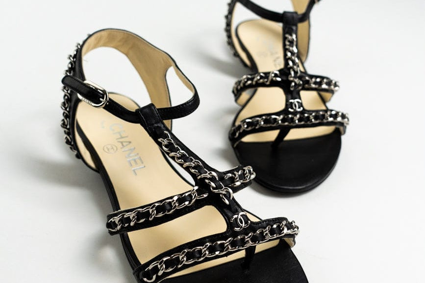 CHANEL Sandals CC Black Leather Silver Chain Embellished Sandals - size 36 / 5.5 US -Knockoff
