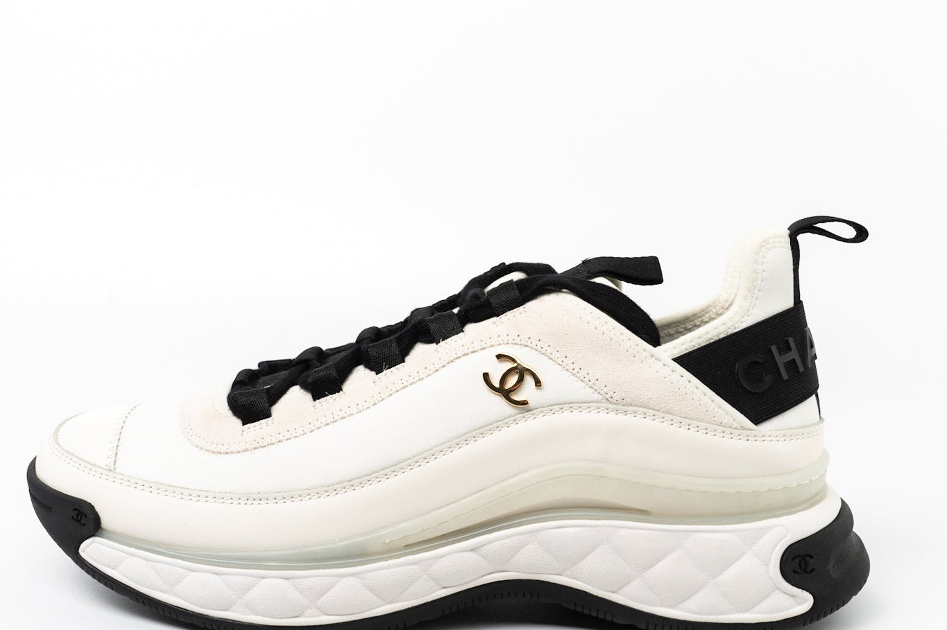 CHANEL Sneakers White Chanel Fabric Calfskin Suede CC Sneakers White ( Size 39.5) -Knockoff
