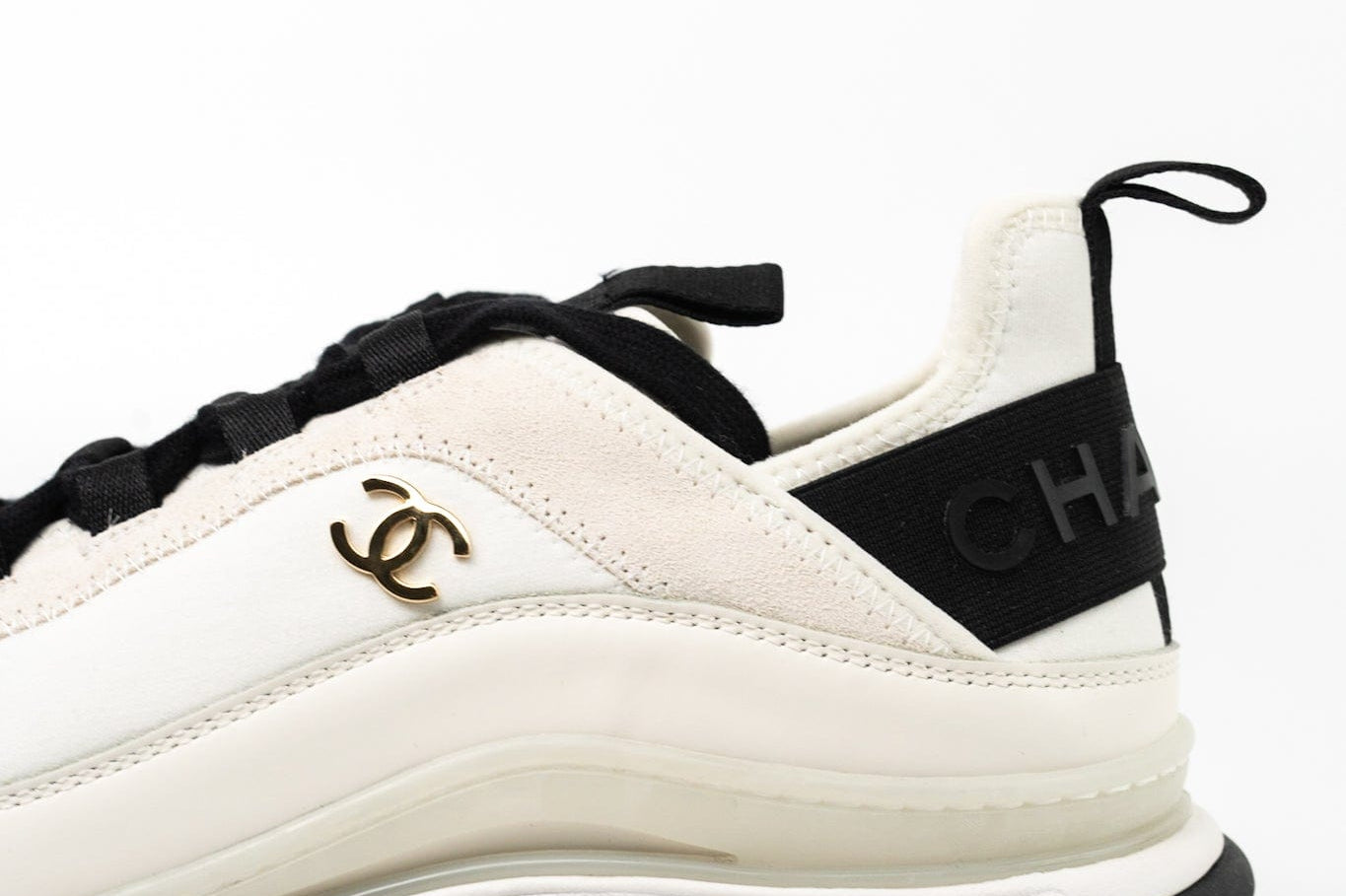 CHANEL Sneakers White Chanel Fabric Calfskin Suede CC Sneakers White ( Size 39.5) -Knockoff
