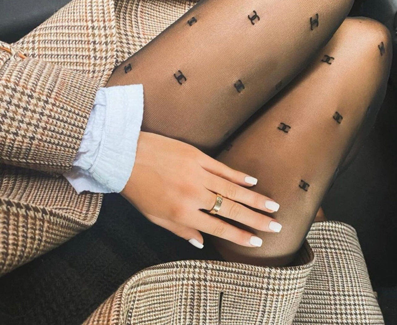 CHANEL Tights Chanel Black CC Printed Tights -Knockoff
