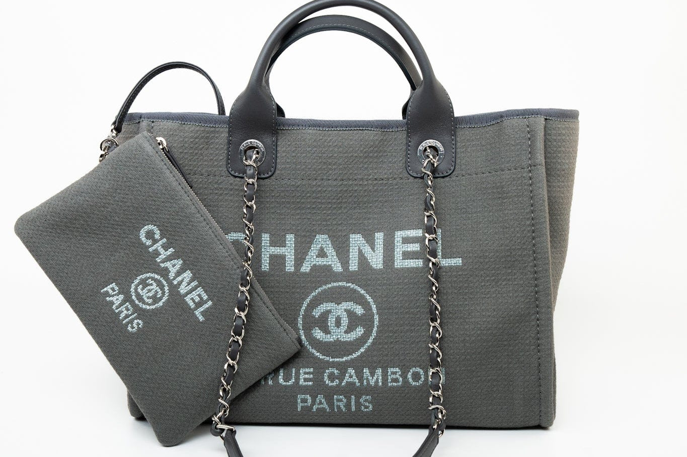 CHANEL Tote 22A Grey Deauville Shopping Tote Small Silver Hardware -Knockoff
