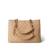 CHANEL Tote Beige Beige Clair Caviar Quilted Grand Shopper Tote (GST) Gold Hardware -Knockoff
