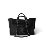 CHANEL Tote Black Black Canvas Pearl Medium Deauville Tote Silver Hardware -Knockoff
