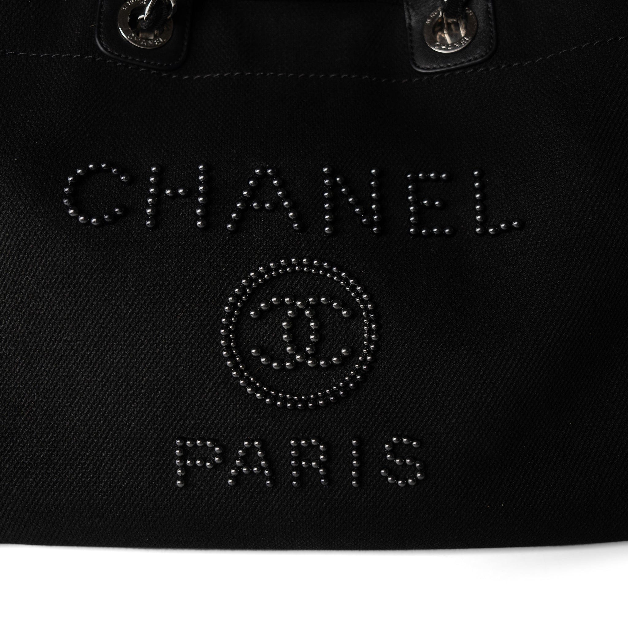 CHANEL Tote Black Black Canvas Pearl Medium Deauville Tote Silver Hardware -Knockoff
