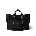 CHANEL Tote Black Black Canvas Pearl Medium Deauville Tote Silver Hardware -Knockoff
