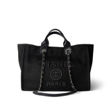 CHANEL Tote Black Black Canvas Pearl Medium Deauville Tote Silver Hardware -Knockoff
