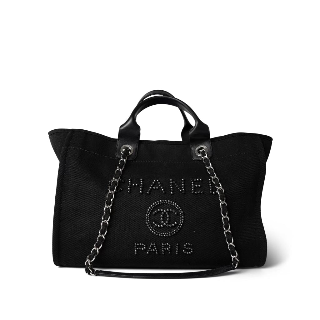 CHANEL Tote Black Black Canvas Pearl Medium Deauville Tote Silver Hardware -Knockoff
