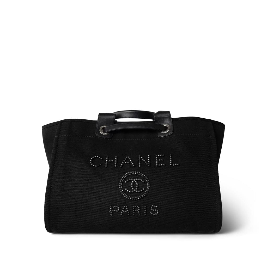 CHANEL Tote Black Black Canvas Pearl Medium Deauville Tote Silver Hardware -Knockoff
