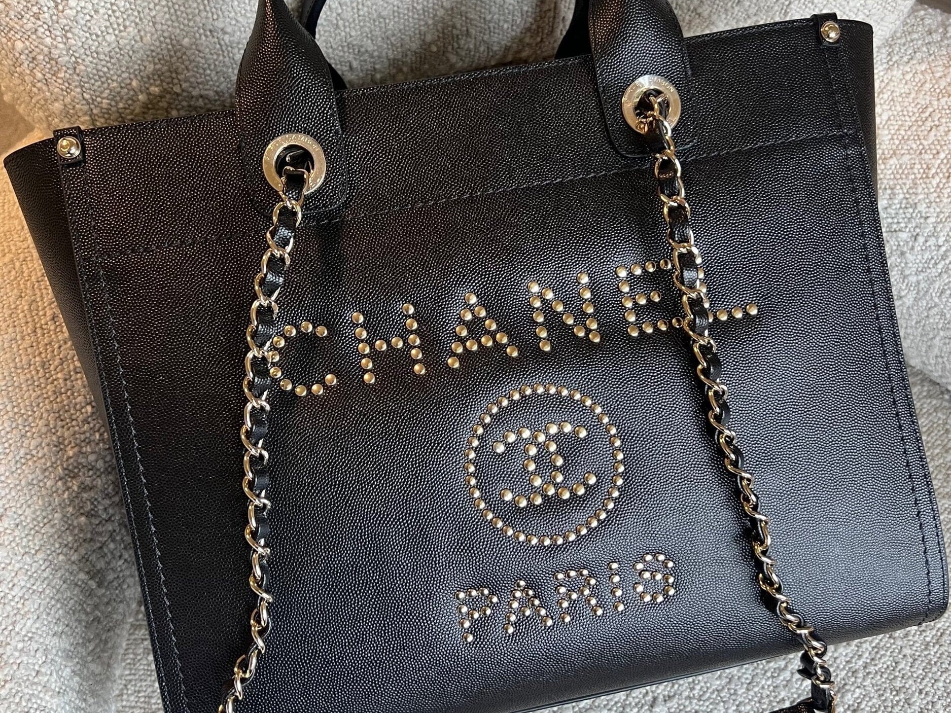 CHANEL Tote Chanel 20P Small/ Medium Deauville Shopping Tote Studded LGHW -Knockoff
