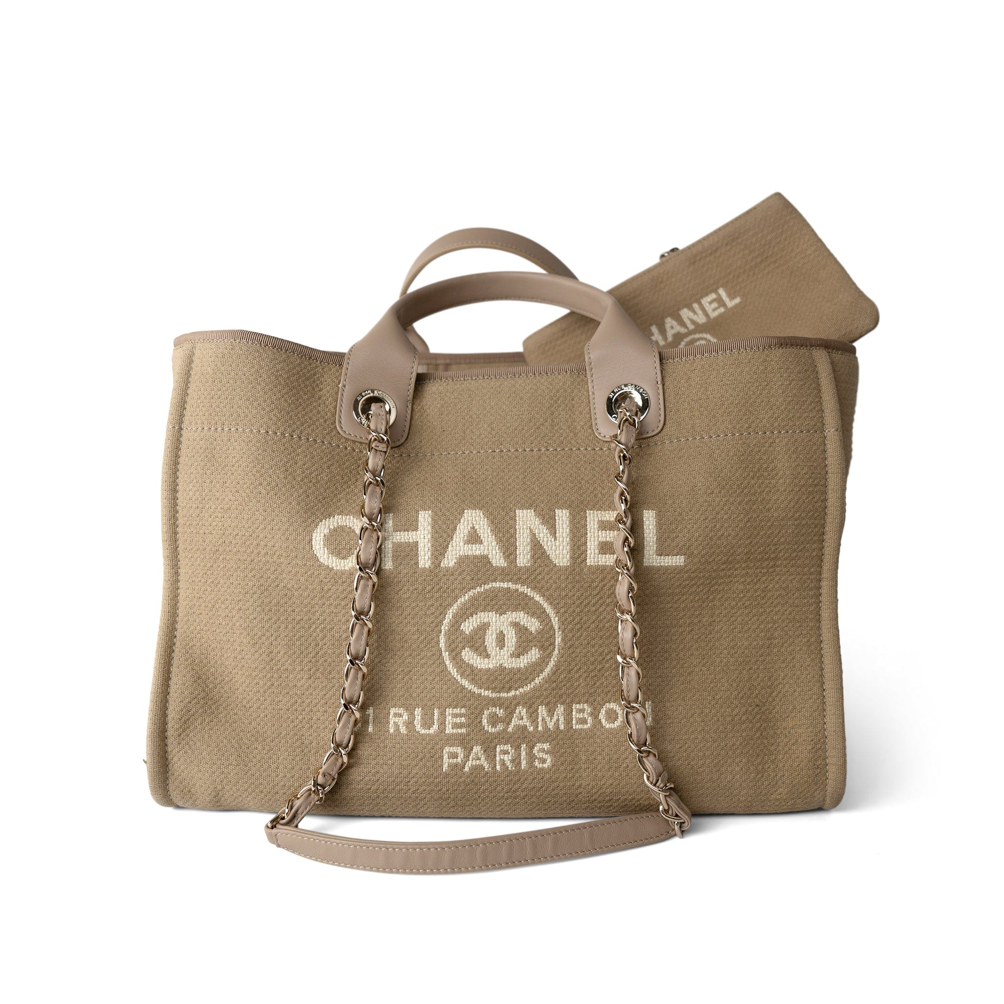 CHANEL Tote Deauville / Beige 22A Dark Beige Deauville Tote Mixed Fibers and Calfskin Light Gold Hardware -Knockoff
