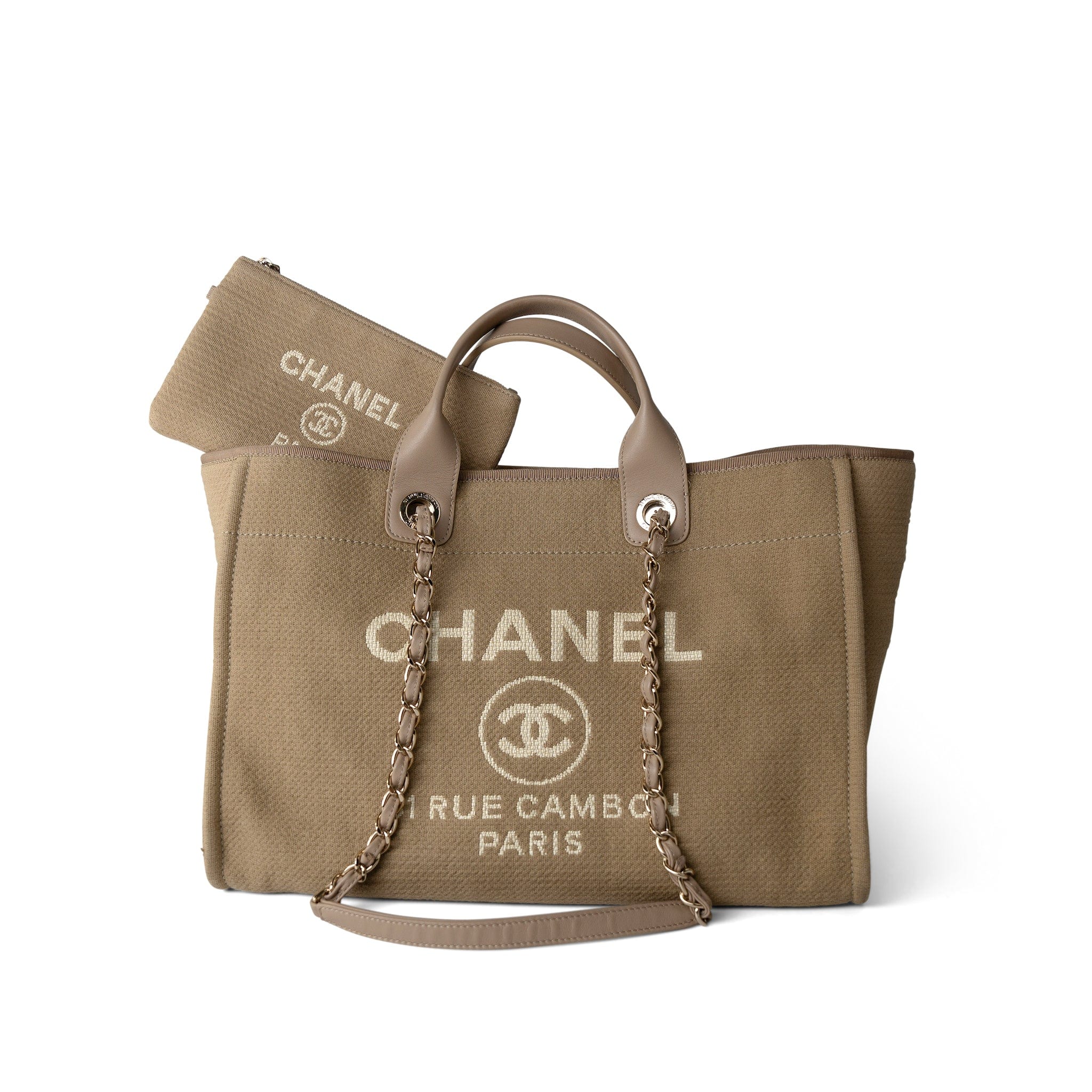 CHANEL Tote Deauville / Beige 22A Dark Beige Deauville Tote Mixed Fibers and Calfskin Light Gold Hardware -Knockoff
