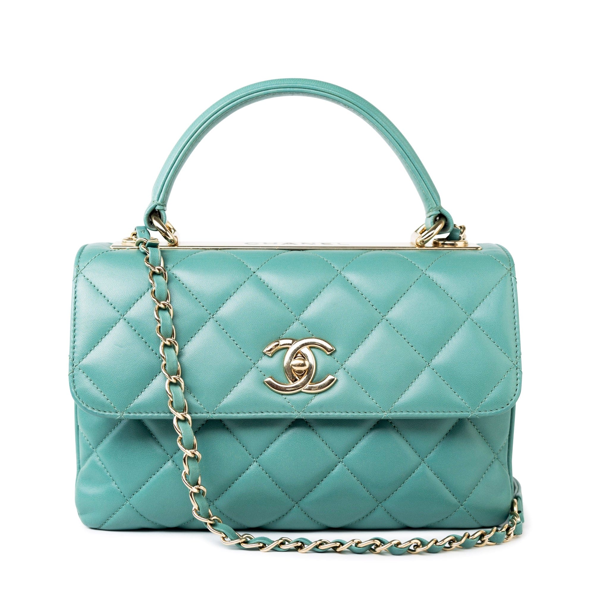 CHANEL Tote Green Trendy CC Green Lambskin Quilted Light Gold Hardware -Knockoff
