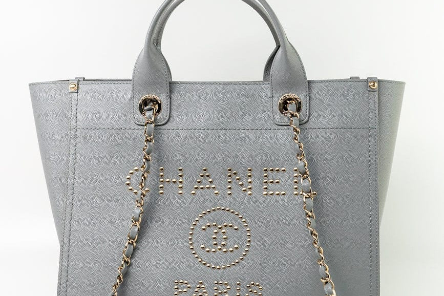 CHANEL Tote Grey Caviar Studded Deauville Tote Light Gold Hardware -Knockoff
