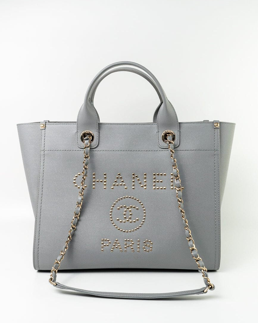 CHANEL Tote Grey Caviar Studded Deauville Tote Light Gold Hardware -Knockoff
