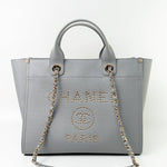 CHANEL Tote Grey Caviar Studded Deauville Tote Light Gold Hardware -Knockoff
