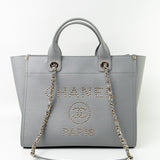 CHANEL Tote Grey Caviar Studded Deauville Tote Light Gold Hardware -Knockoff
