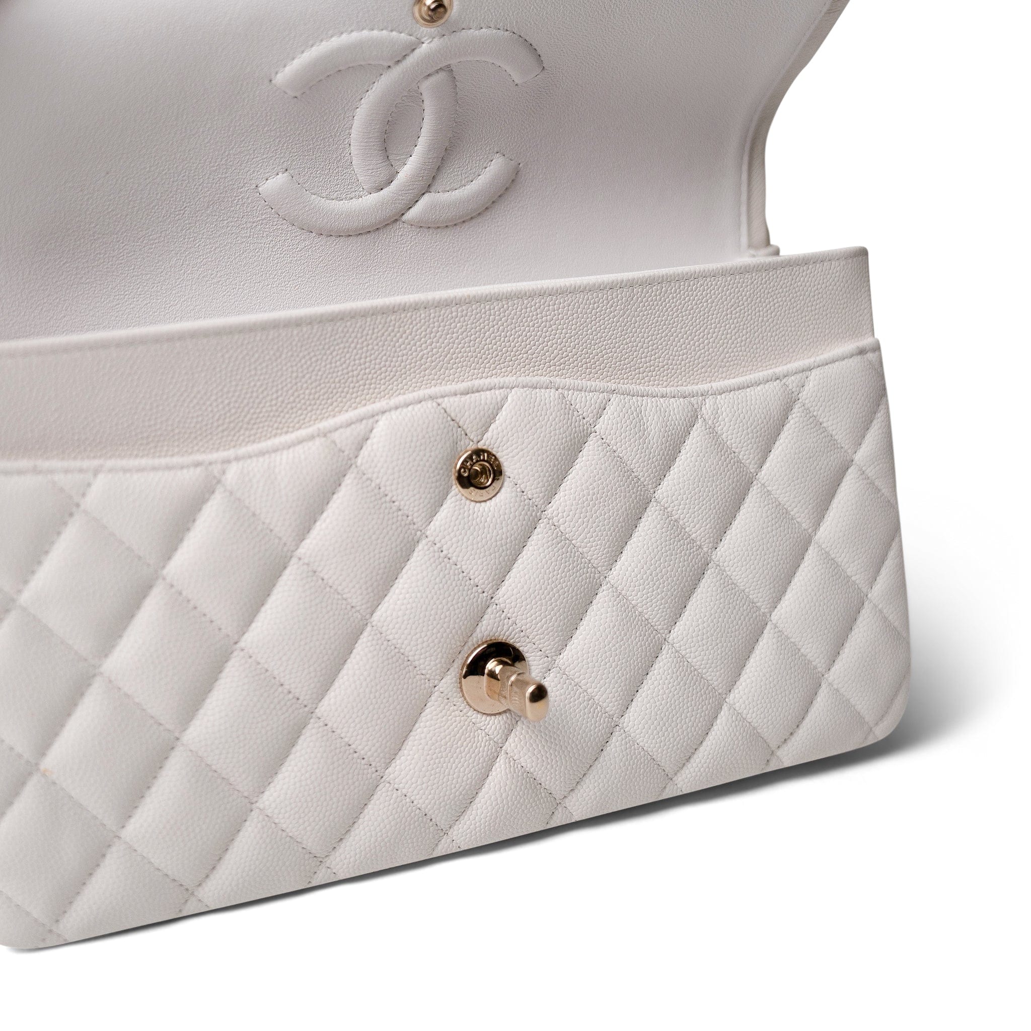 CHANEL White White Caviar Quilted Medium Classic Flap Light Gold Hardware -Knockoff
