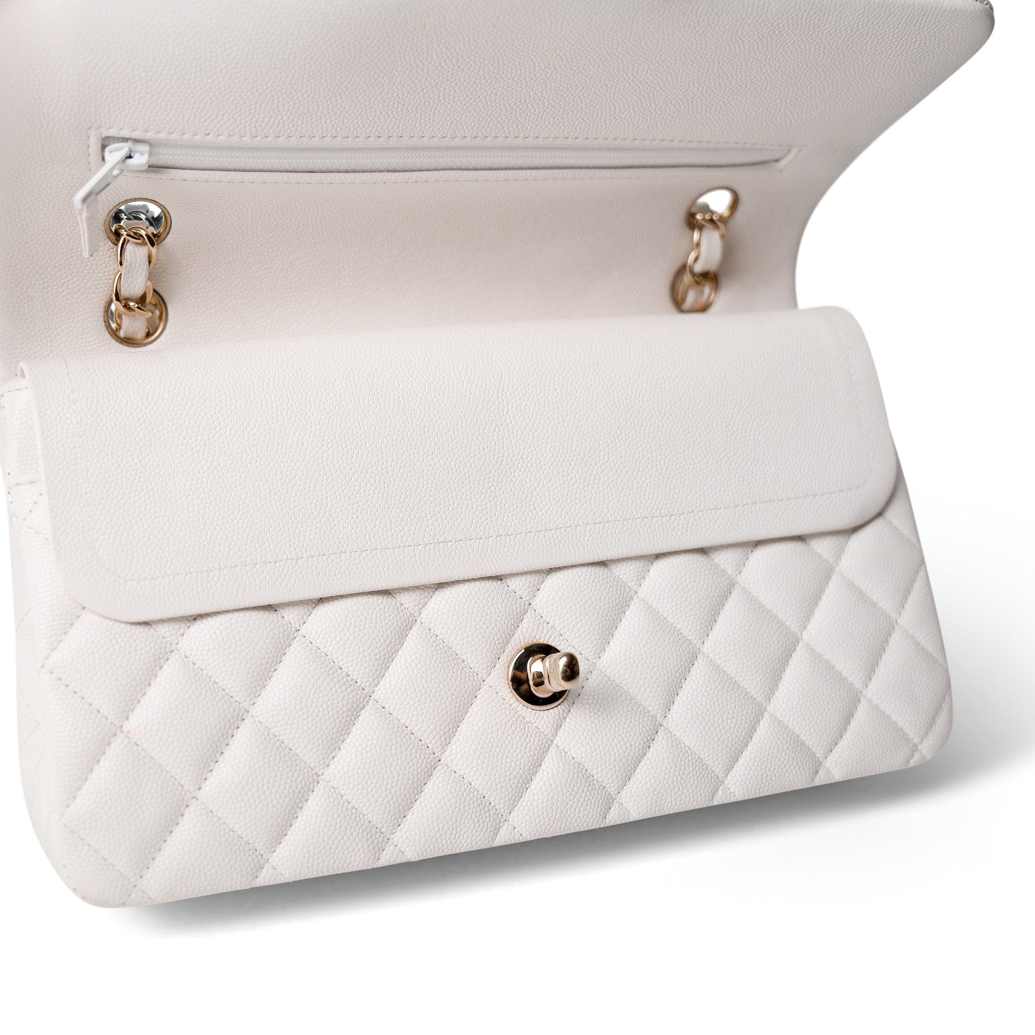 CHANEL White White Caviar Quilted Medium Classic Flap Light Gold Hardware -Knockoff
