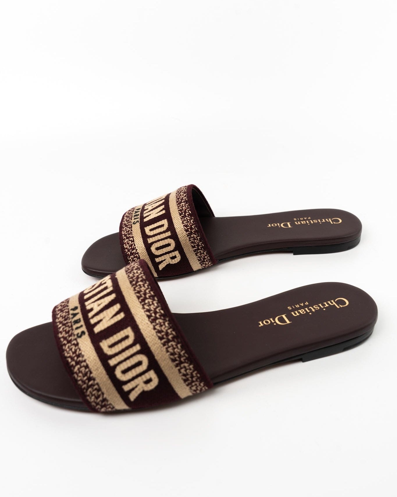 Christian Dior Sandals Brown CHRISTIAN DIOR Canvas Embroidered Dway Mules Slide Sandals 36 Deep Amaran -Knockoff
