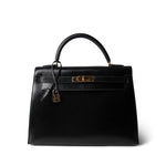 Hermes Black Kelly Sellier 32 Black Box Calfskin Gold Plated (U) Stamp -Knockoff
