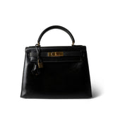 Hermes Handbag Black Kelly 28 Black Box Calfskin Gold Plated (T) Stamp -Knockoff
