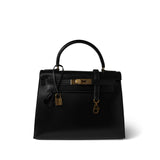 Hermes Handbag Black Kelly 28 Sellier Black Box Calfskin Gold Plated P Circle Stamp -Knockoff
