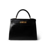 Hermes Handbag Black Kelly Sellier 28 Black Box Calfskin Gold Plated (V) Stamp -Knockoff
