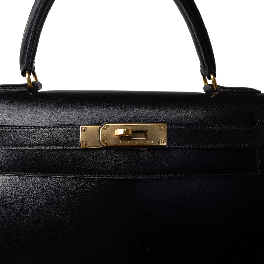 Hermes Handbag Black Kelly Sellier 28 Black Box Calfskin Gold Plated X Circle Stamp -Knockoff
