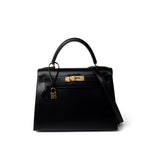 Hermes Handbag Black Kelly Sellier 28 Black Box Calfskin Gold Plated X Circle Stamp -Knockoff
