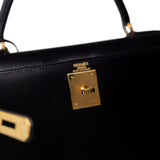 Hermes Handbag Black Kelly Sellier 28 Black Box Calfskin Gold Plated X Circle Stamp -Knockoff
