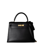 Hermes Handbag Black Kelly Sellier 28 Box Calfskin Gold Plated Hardware M Circle Stamp -Knockoff
