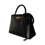 Hermes Handbag Black Kelly Sellier 28 Box Calfskin Gold Plated Hardware M Circle Stamp -Knockoff
