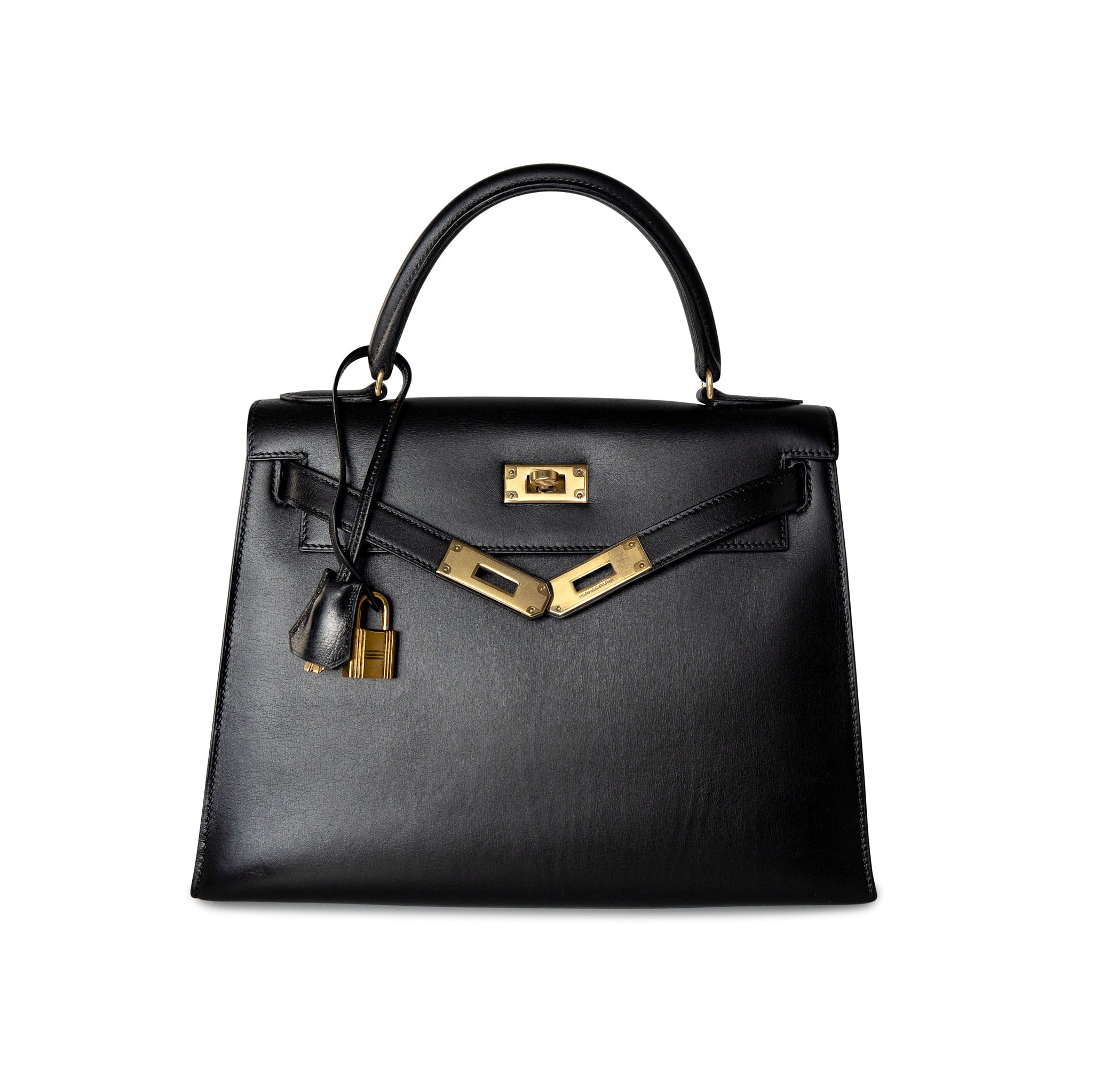 Hermes Handbag Black Kelly Sellier 28 Box Calfskin Gold Plated Hardware M Circle Stamp -Knockoff
