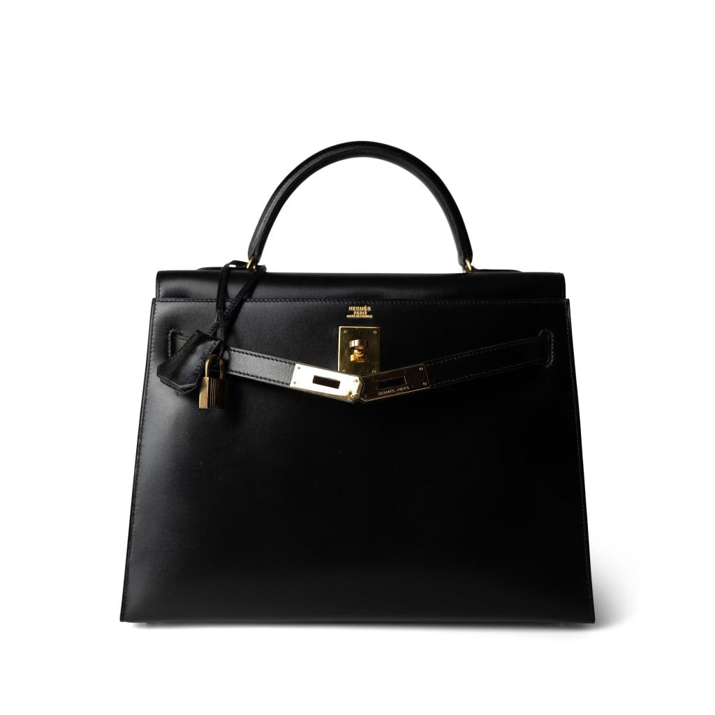 Hermes Handbag Black Kelly Sellier 32 Black Box Calfskin Gold Plated (U) Stamp -Knockoff
