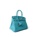 Hermes Handbag Blue Birkin 30 Blue Atoll Togo Palladium Plated T Stamp -Knockoff
