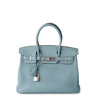 Hermes Handbag Blue Birkin 30 Blue Ciel Clemence Palladium Plated M Square Stamp -Knockoff
