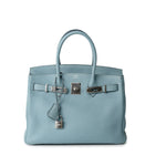 Hermes Handbag Blue Birkin 30 Blue Ciel Clemence Palladium Plated M Square Stamp -Knockoff
