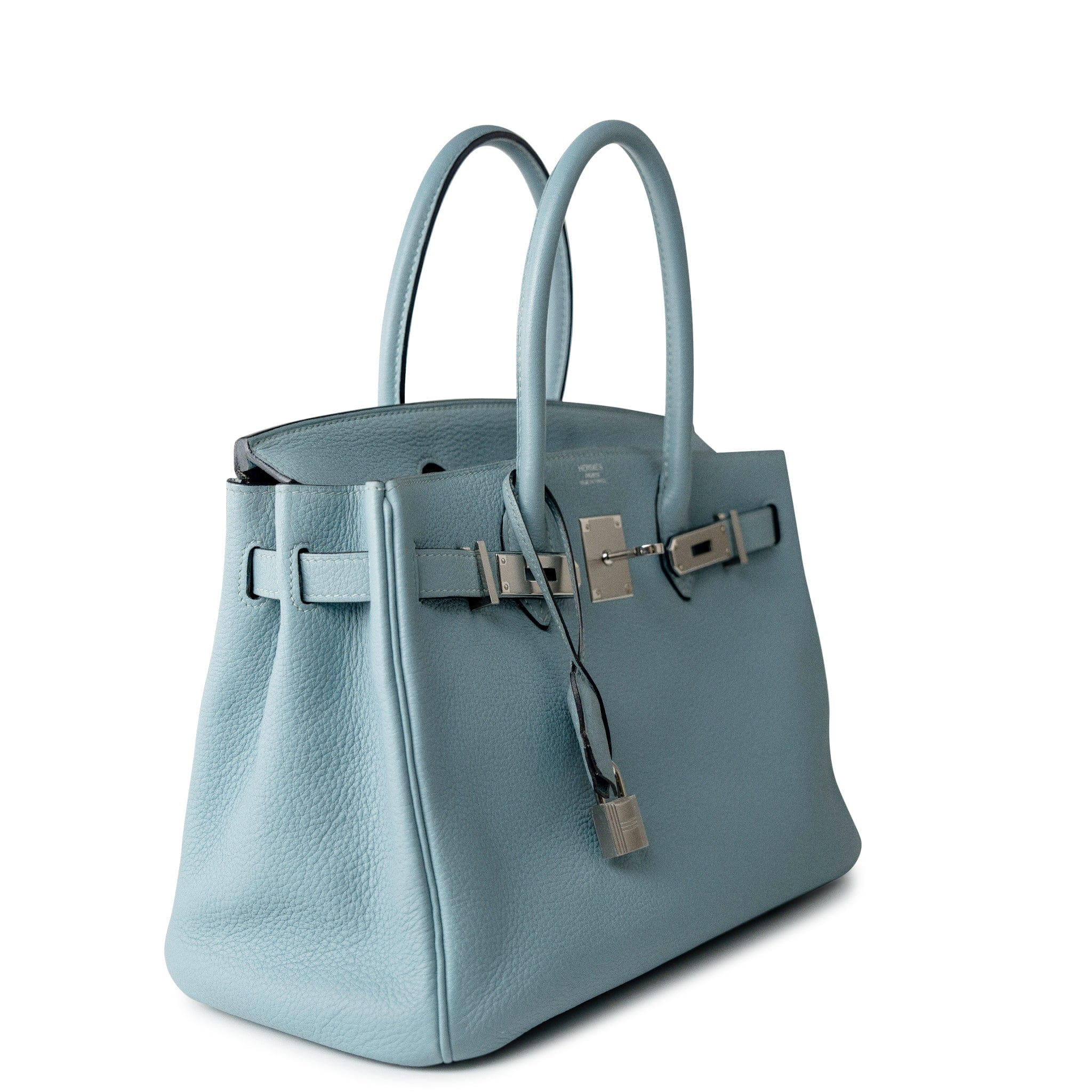 Hermes Handbag Blue Birkin 30 Blue Ciel Clemence Palladium Plated M Square Stamp -Knockoff
