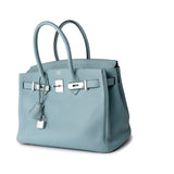 Hermes Handbag Blue Birkin 30 Blue Ciel Clemence Palladium Plated M Square Stamp -Knockoff
