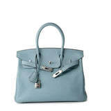 Hermes Handbag Blue Birkin 30 Blue Ciel Clemence Palladium Plated M Square Stamp -Knockoff
