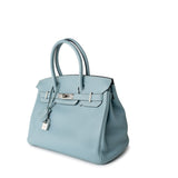 Hermes Handbag Blue Birkin 30 Blue Ciel Clemence Palladium Plated M Square Stamp -Knockoff
