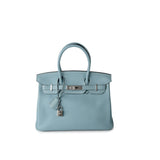 Hermes Handbag Blue Birkin 30 Blue Ciel Clemence Palladium Plated M Square Stamp -Knockoff
