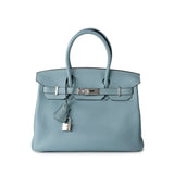 Hermes Handbag Blue Birkin 30 Blue Ciel Clemence Palladium Plated M Square Stamp -Knockoff
