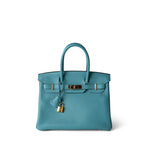 Hermes Handbag Blue Birkin 30 Veau Togo Blue Atoll Gold Plated T Stamp -Knockoff
