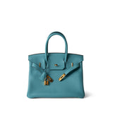 Hermes Handbag Blue Birkin 30 Veau Togo Blue Atoll Gold Plated T Stamp -Knockoff
