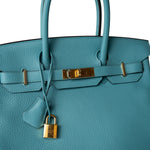 Hermes Handbag Blue Birkin 30 Veau Togo Blue Atoll Gold Plated T Stamp -Knockoff
