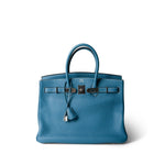 Hermes Handbag Blue Birkin 35 Bleu Jean Togo Palladium Plated H Square Stamp -Knockoff
