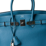 Hermes Handbag Blue Birkin 35 Bleu Jean Togo Palladium Plated H Square Stamp -Knockoff
