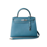 Hermes Handbag Blue Kelly 28 Sellier Blue Jean Veau Epsom Leather Palladium Hardware M Square Stamp -Knockoff
