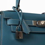 Hermes Handbag Blue Kelly 28 Sellier Blue Jean Veau Epsom Leather Palladium Hardware M Square Stamp -Knockoff
